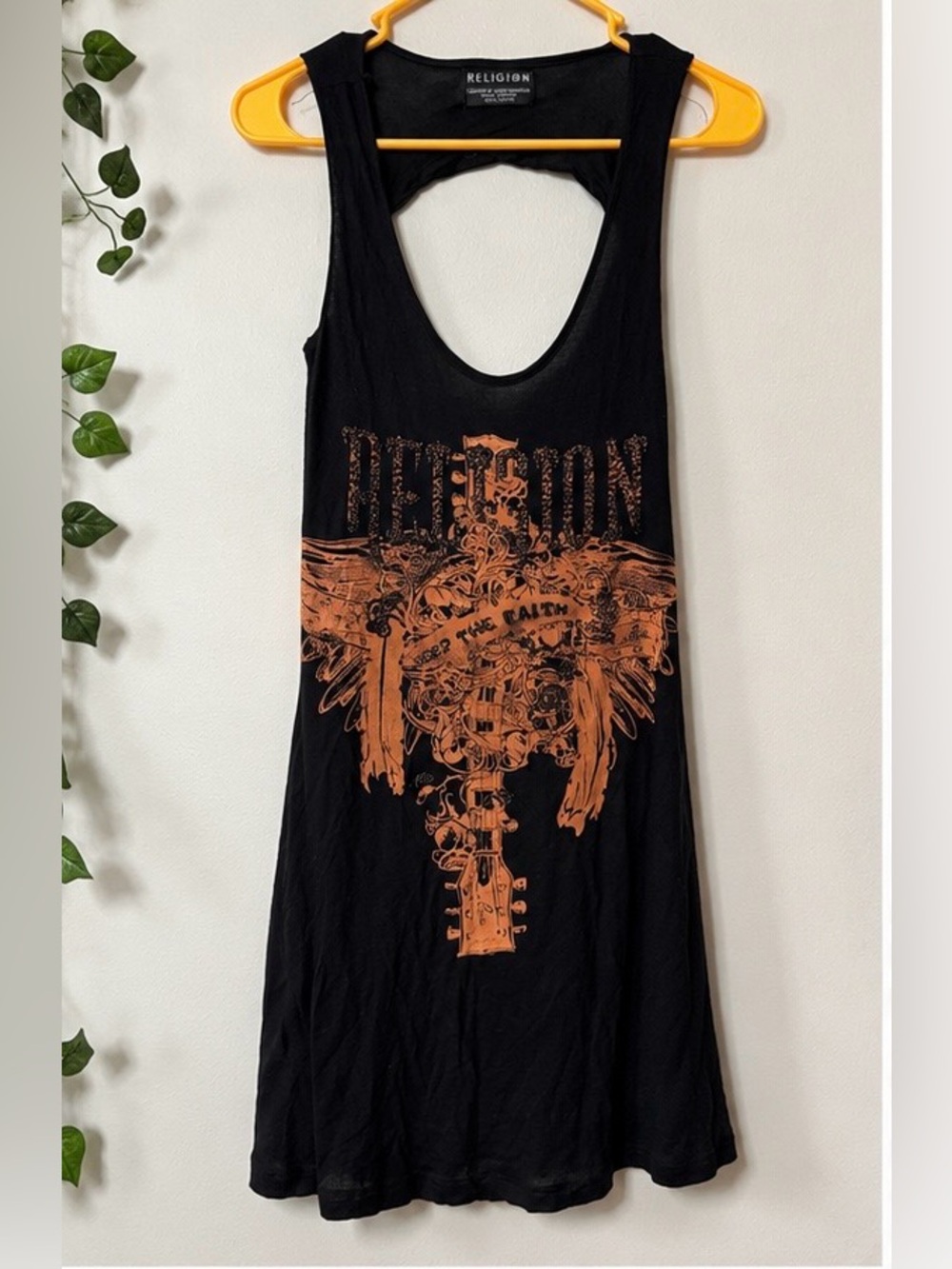 Religion Y2K Open Back Graphic Dress Medium Black Beaded Cross Grunge Gothic